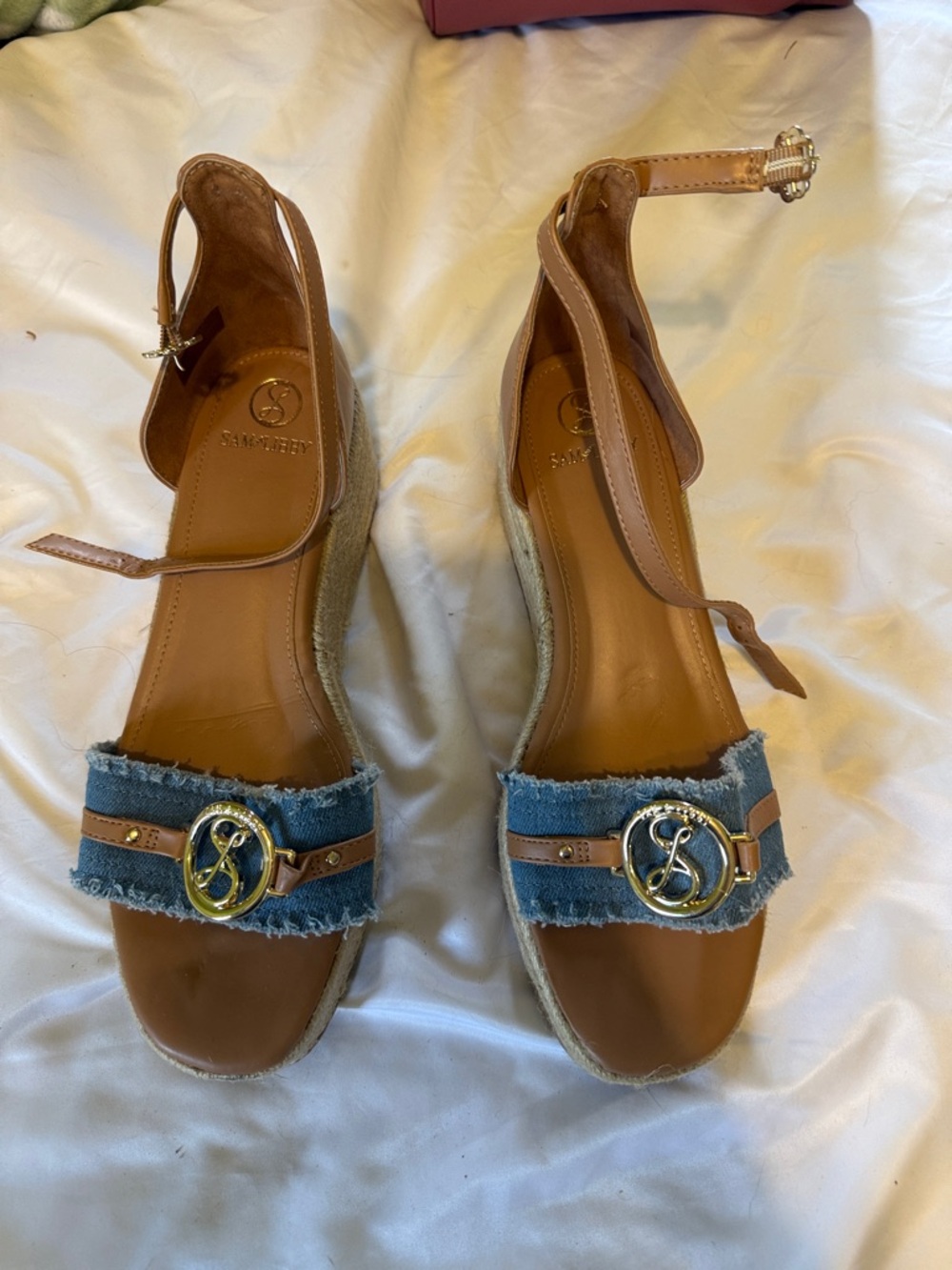 Sam & Libby Tan Leather and Denim Espadrille Wedge Sandals with Gold Accent